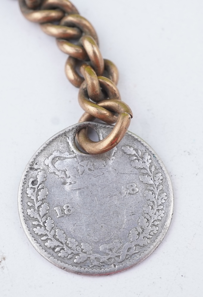 A group of gilt metal/pinchbeck jewels, 19th and early 20th century, comprising: a brooch of knotted design; two gate bracelets; a fancy link bracelet; an open-faced pocket watch; two oval panel brooches, and two watch c